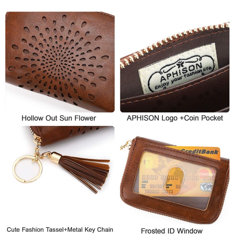 APHISON RFID Credit Card Holder Zipper Card Case Keychain Small Wallet for Women 1927 COFFEE - Image 4